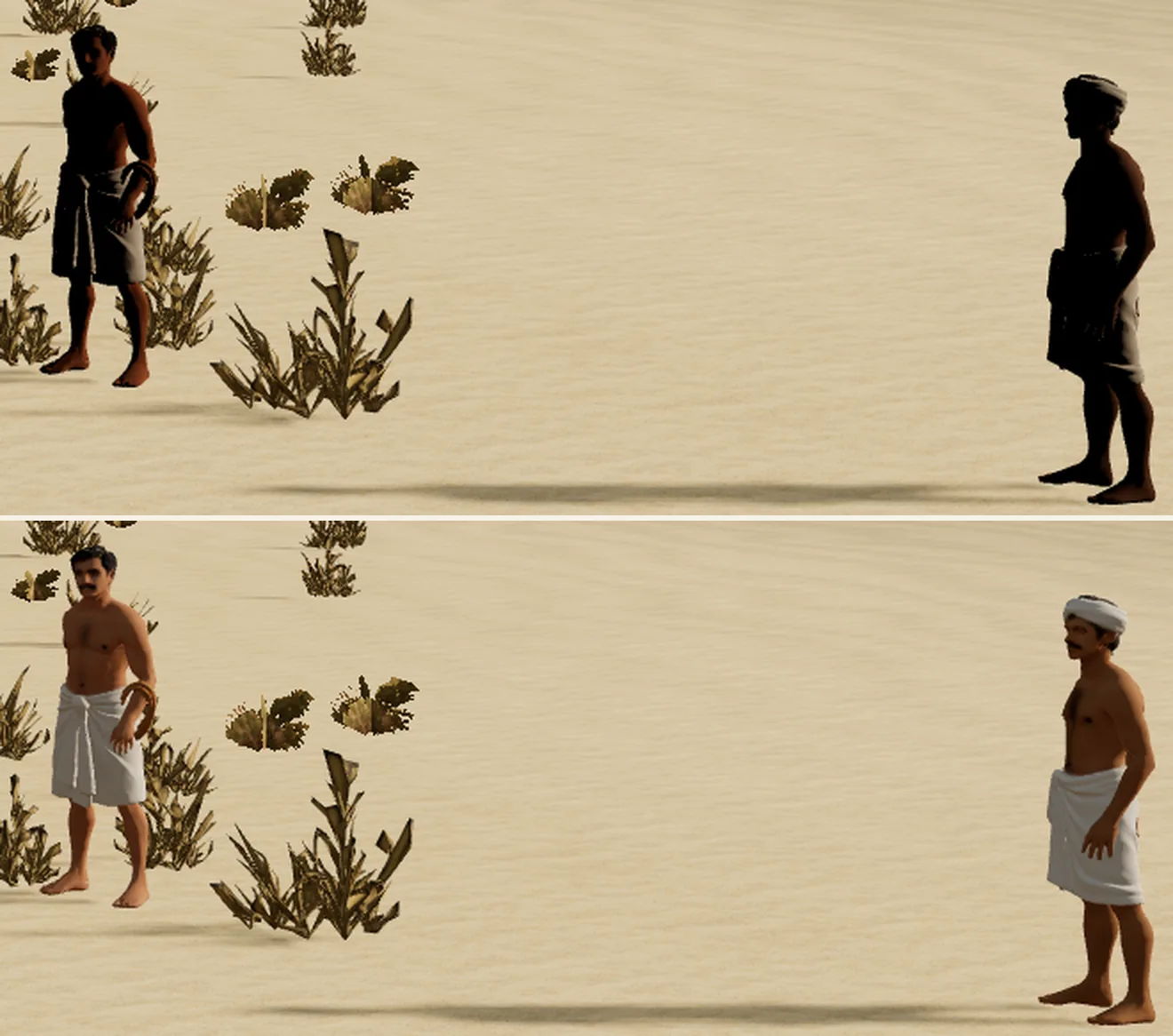 The net-mender and the boatman at camera E, twice enlarged; phase 12 above, phase 13 below. The same two men, the same frame, the same sun. Between them, one field: the material that had said nothing about metal now says none.
