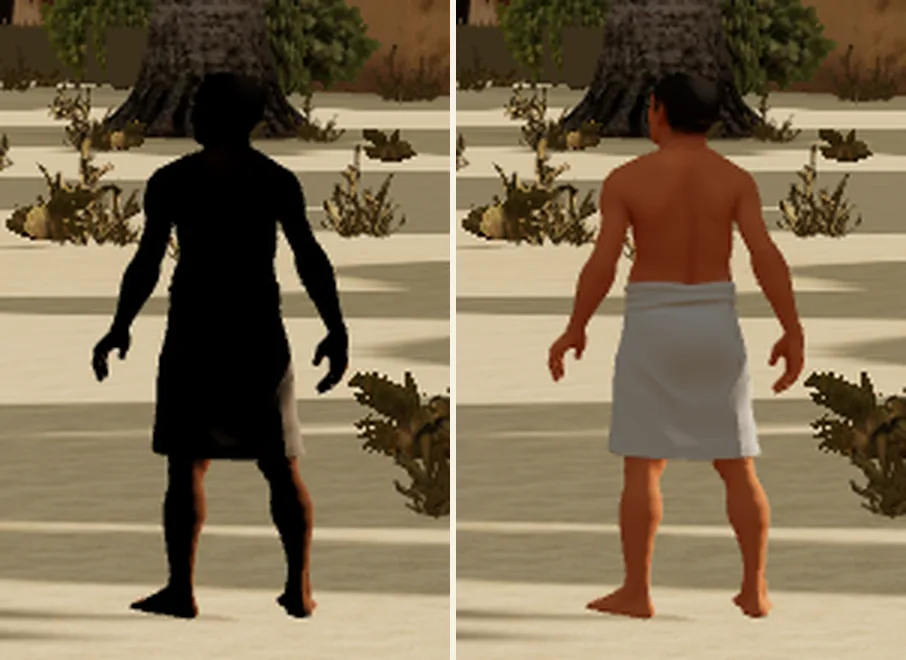 The lane man at camera F from behind, three times enlarged: phase 12 left, phase 13 right. His skin reads within three degrees of hue of the seated men's, from the route's own texture, with no correction applied.