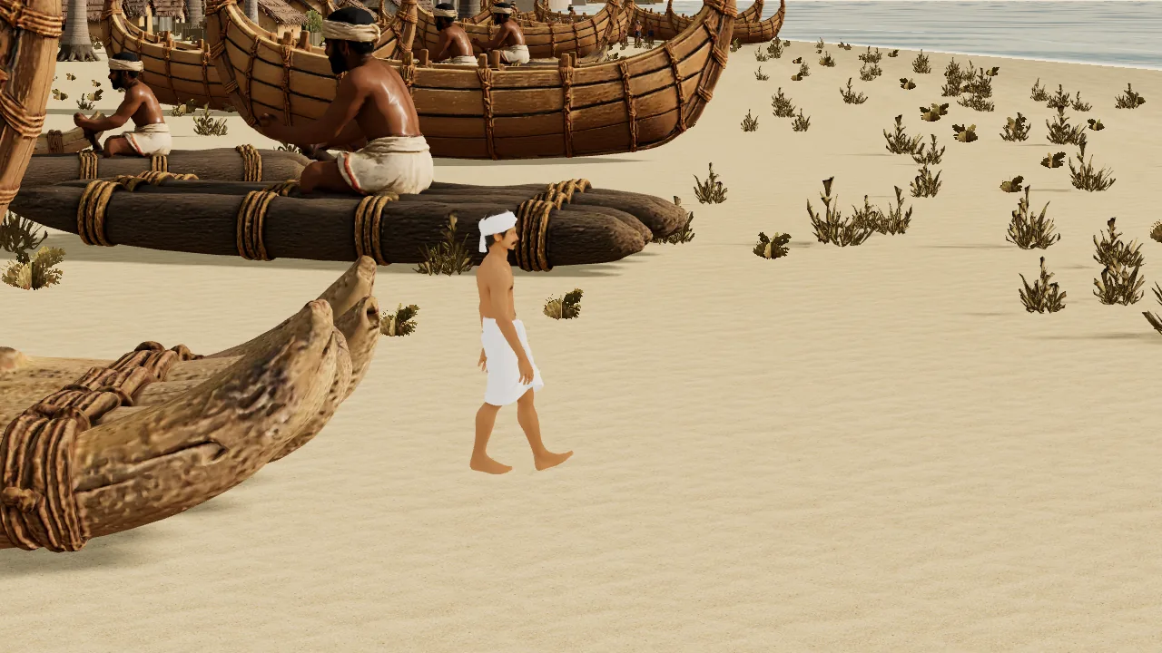 The first figure who walks. A masula boatman, made from a three-view sheet, meshed, rigged, given a walk and an idle, and fitted in Blender. Twelve metres in front of camera E, behind a test flag, in no still. His feet skate a little; we know why.