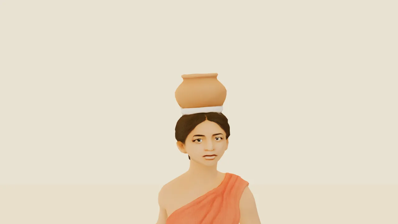 The fisherwoman at three metres, a study render. Made from a three-view sheet, meshed, rigged, given a walk and an idle, and fitted in Blender. Her wrap renders a brighter orange than the muted red-brown the sheet drew; that is on the list.