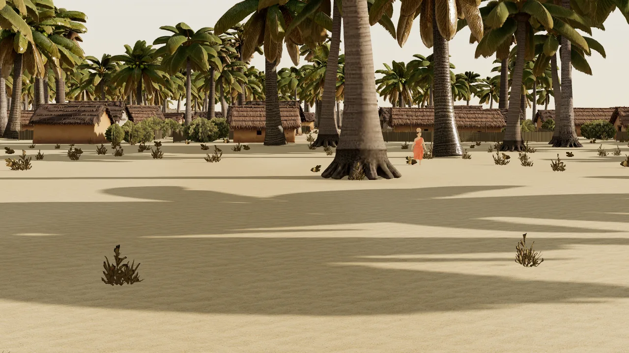 Camera F, the middle lane of the fishing town, at time zero. The woman with the pot starts thirty-four metres away and walks toward the camera along the lane's centreline; she passes five and a half metres from it. The lane itself is still an empty plane of sand and palm shadow.