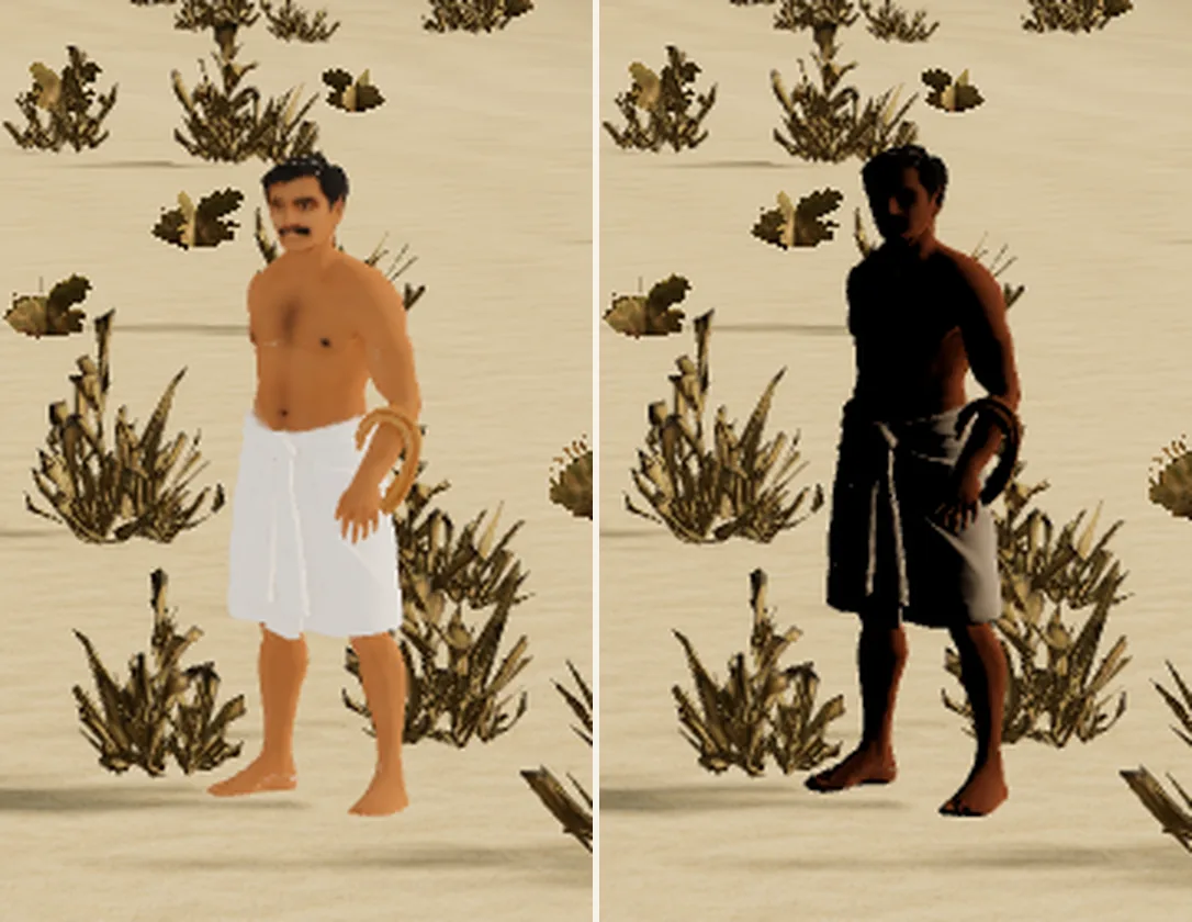 The net-mender at camera E, three times enlarged. Left, phase 11: lit by the sun and by an unlit copy of himself, pale and flat. Right, phase 12: the copy removed as the brief said, and what remains is a rough metal with no colour to show on the side the sun does not strike. The judge had read this material block in phase 11 and stopped one field short.
